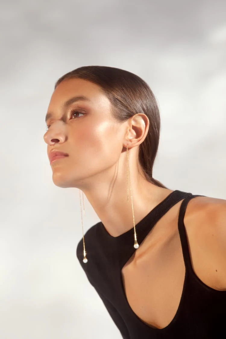 Gold Drop Earrings with Pearl - Image 4